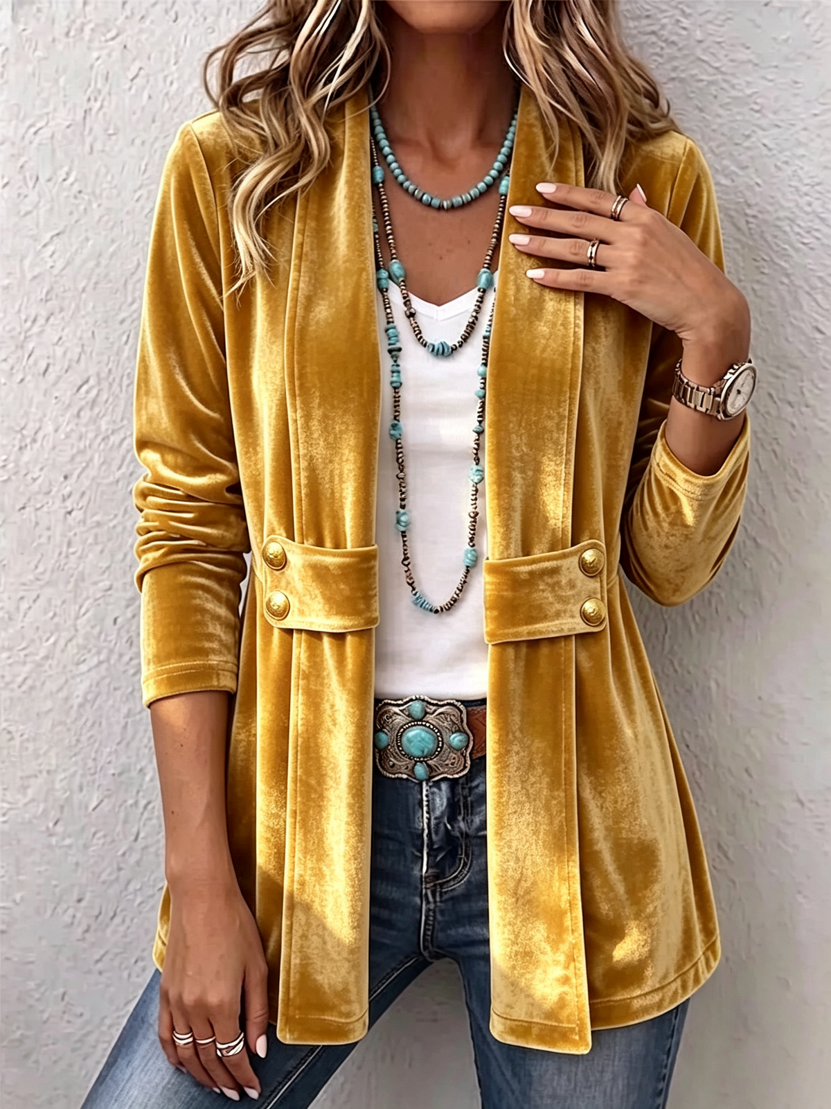 Brooklyn™ | Vintage Velvet Lapel Button Decor Long Sleeve Open Front Jacket