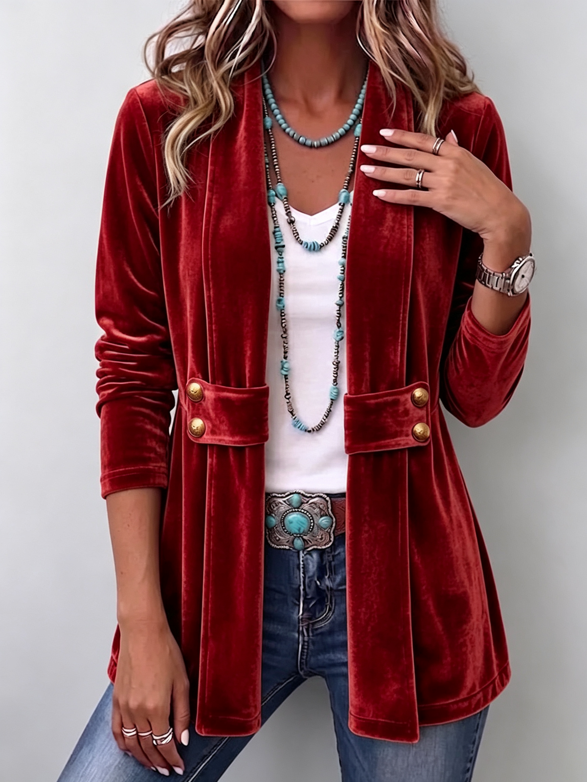 Brooklyn™ | Vintage Velvet Lapel Button Decor Long Sleeve Open Front Jacket