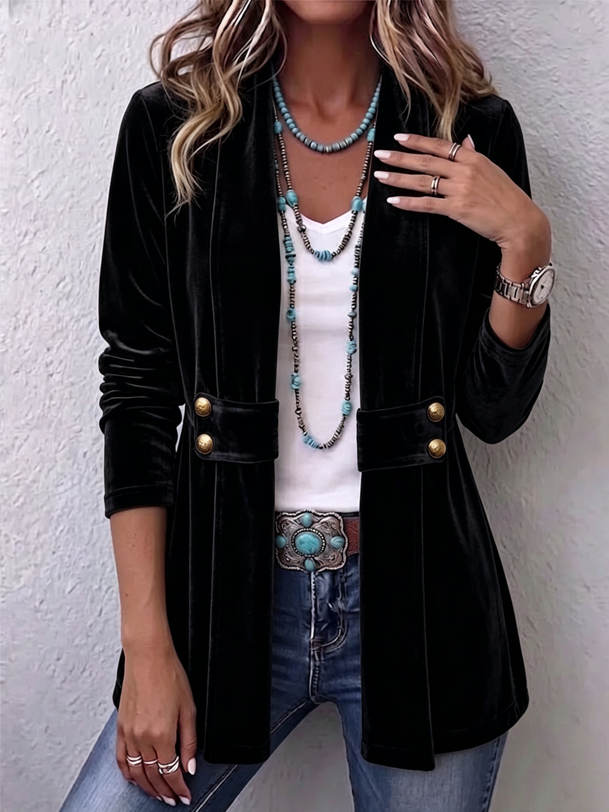 Brooklyn™ | Vintage Velvet Lapel Button Decor Long Sleeve Open Front Jacket