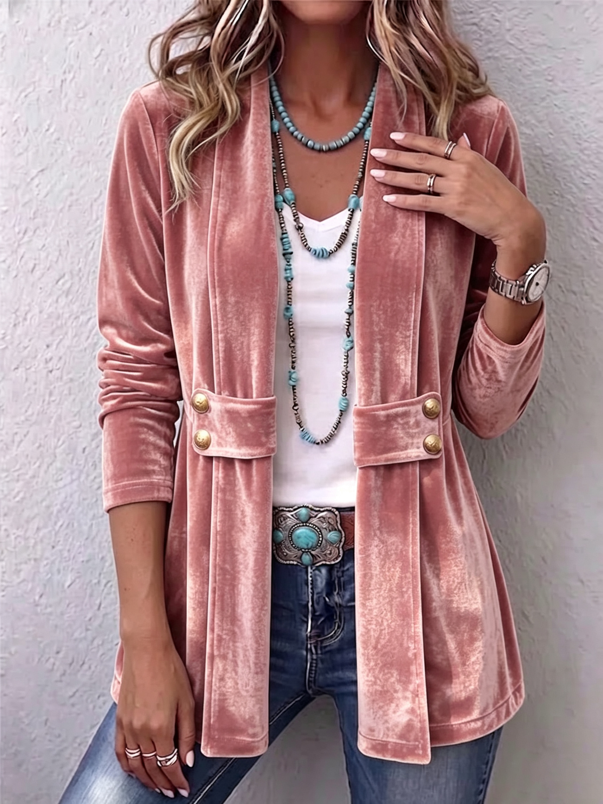 Brooklyn™ | Vintage Velvet Lapel Button Decor Long Sleeve Open Front Jacket